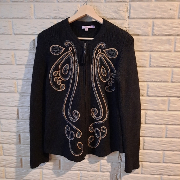 Calypso St. Barth Cresenti Zip‎ Cardigan Black Size Small Wool Alpaca Metallic - Picture 1 of 10